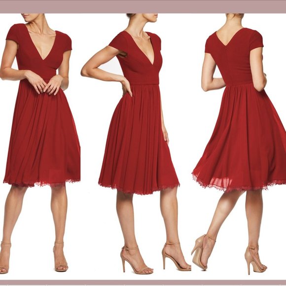 NEW Dress the Population [ Large ] Corey‎ Chiffon Fit & Flare Dress Garnet #Q298 - Picture 1 of 12